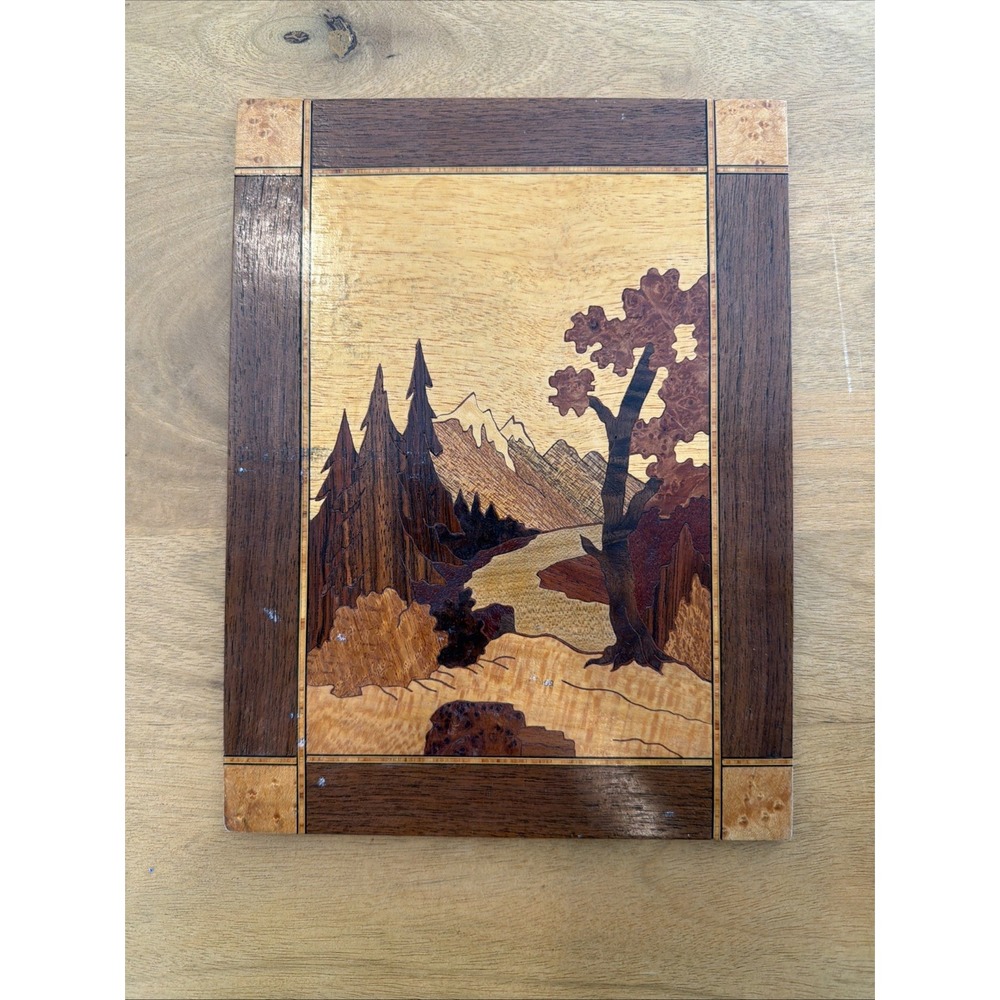Vtg Marquetry Wood Inlay Mountain Landscape Scene 10x8" Wall Art